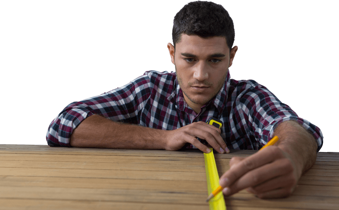 Young Man Measuring Wood with Tape on Transparent Background