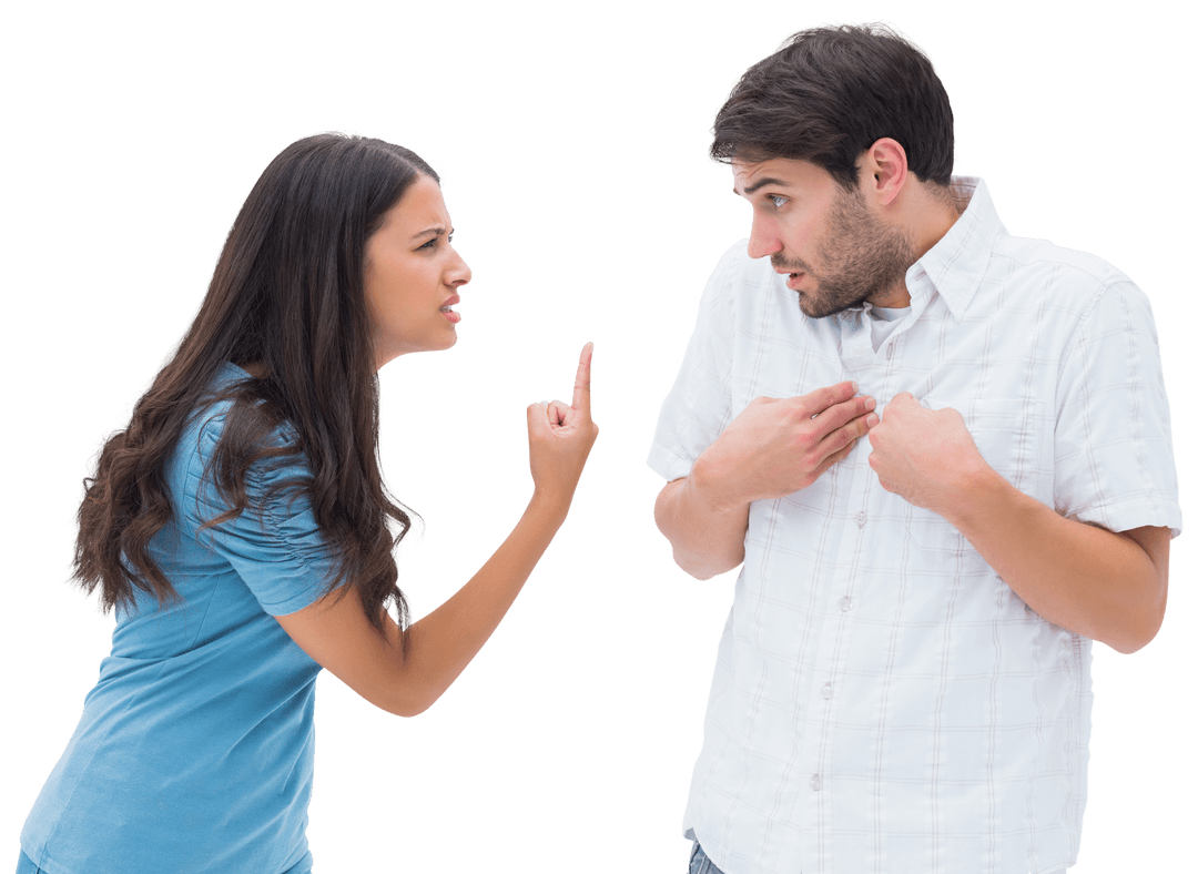 Angry Woman Pointing at Shocked Man on Transparent Background