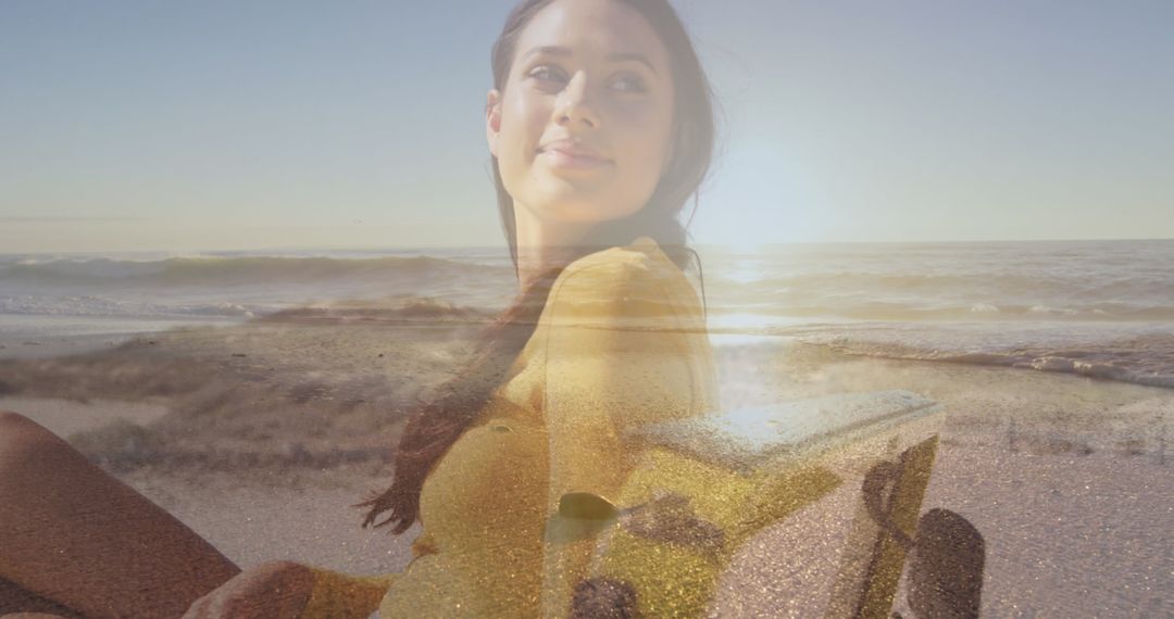 Joyful Woman Beach Vibes, Double Exposure Effect, Relaxation Theme