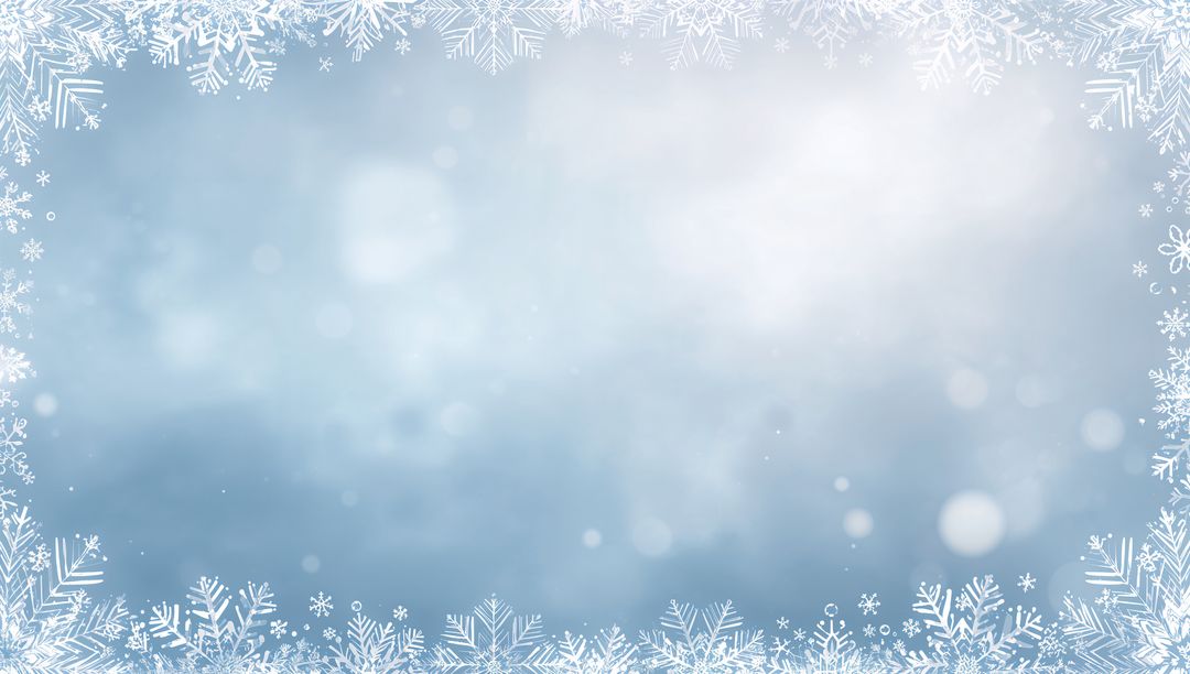Framing Snowflake Border on Pale Blue Winter Bokeh Background for Seasonal Design