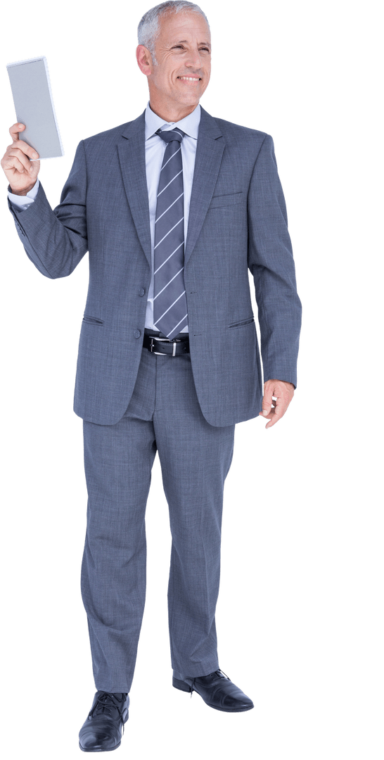 Happy Businessman in Suit Holding Tablet on Transparent Background