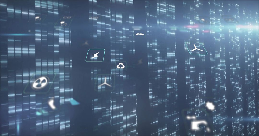 Futuristic Neon Data Skyline with Floating Energy and Recycling Icons, Digital Grid HUD
