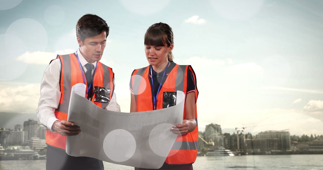 Engineers in Conversation Analyzing Blueprint Outdoors