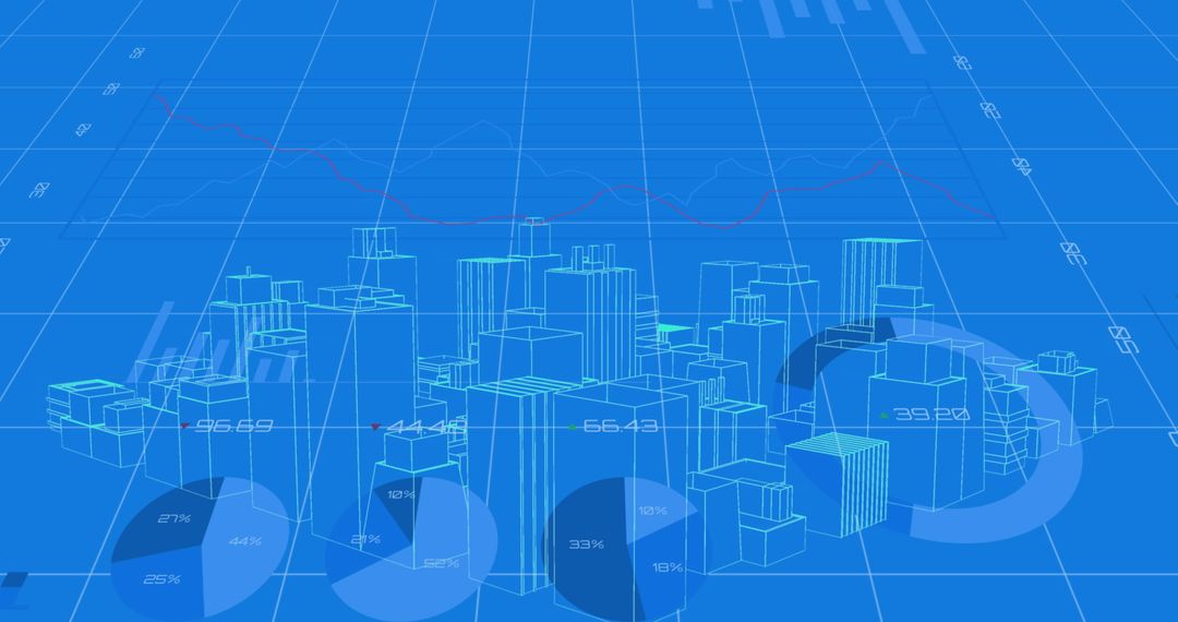 Digital Cityscape over Data Analysis Graphs in Blue
