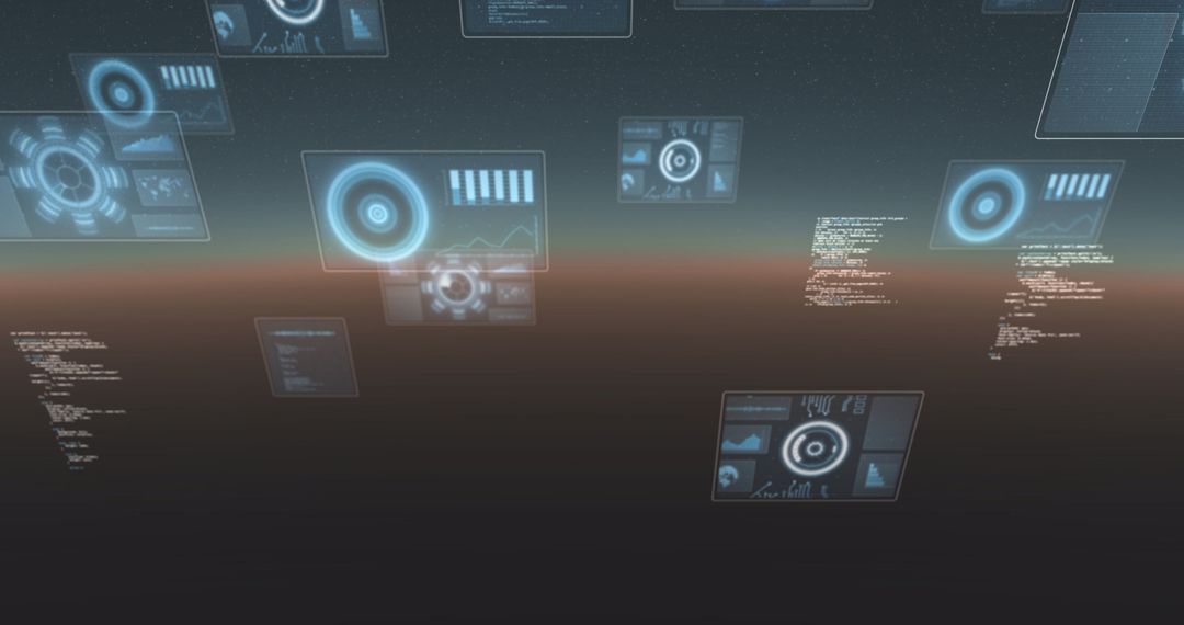 Futuristic Digital Data Interface Displays with Graphs and Stats Panels