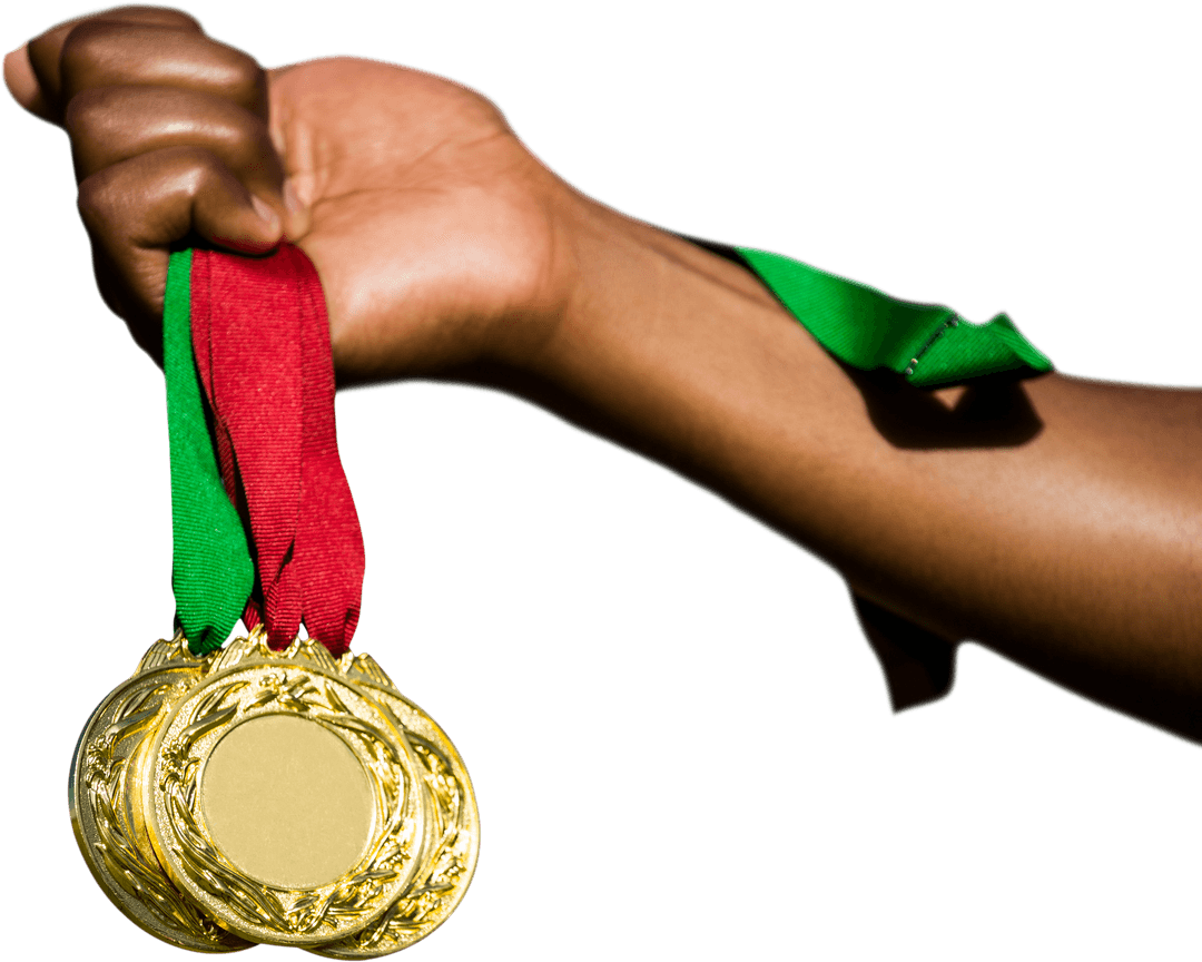 Hand Holding Gold Medals Transparent Background for Sports Design