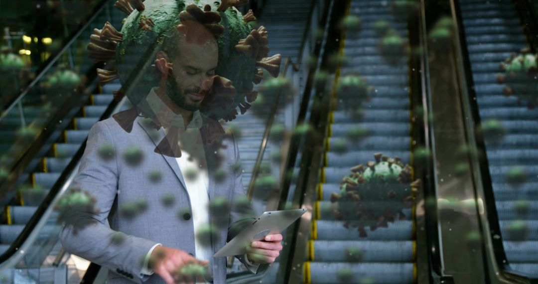 Businessman with Digital Virus Concept on Escalator