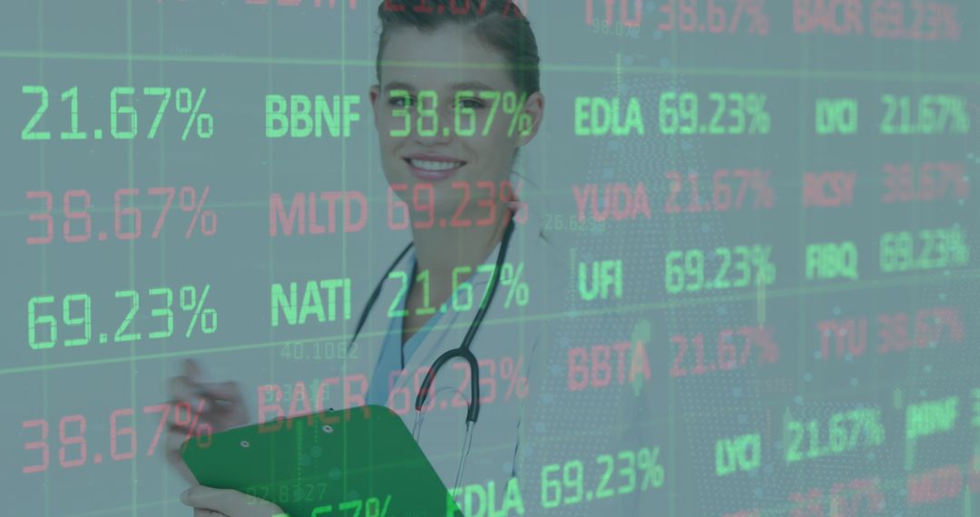 Smiling Doctor Analyzing Financial Healthcare Data with Stock Market Overlay