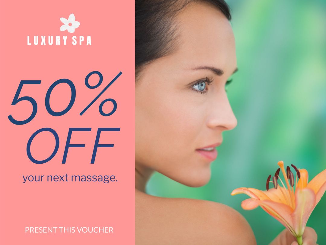 Serene Woman with Floral Accent Promotes Spa Relaxation Savings