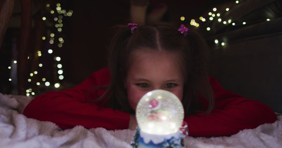 Child Gazing at Illuminated Snow Globe with Twinkling Lights in Background - Free Images, Stock Photos and Pictures on Pikwizard.com