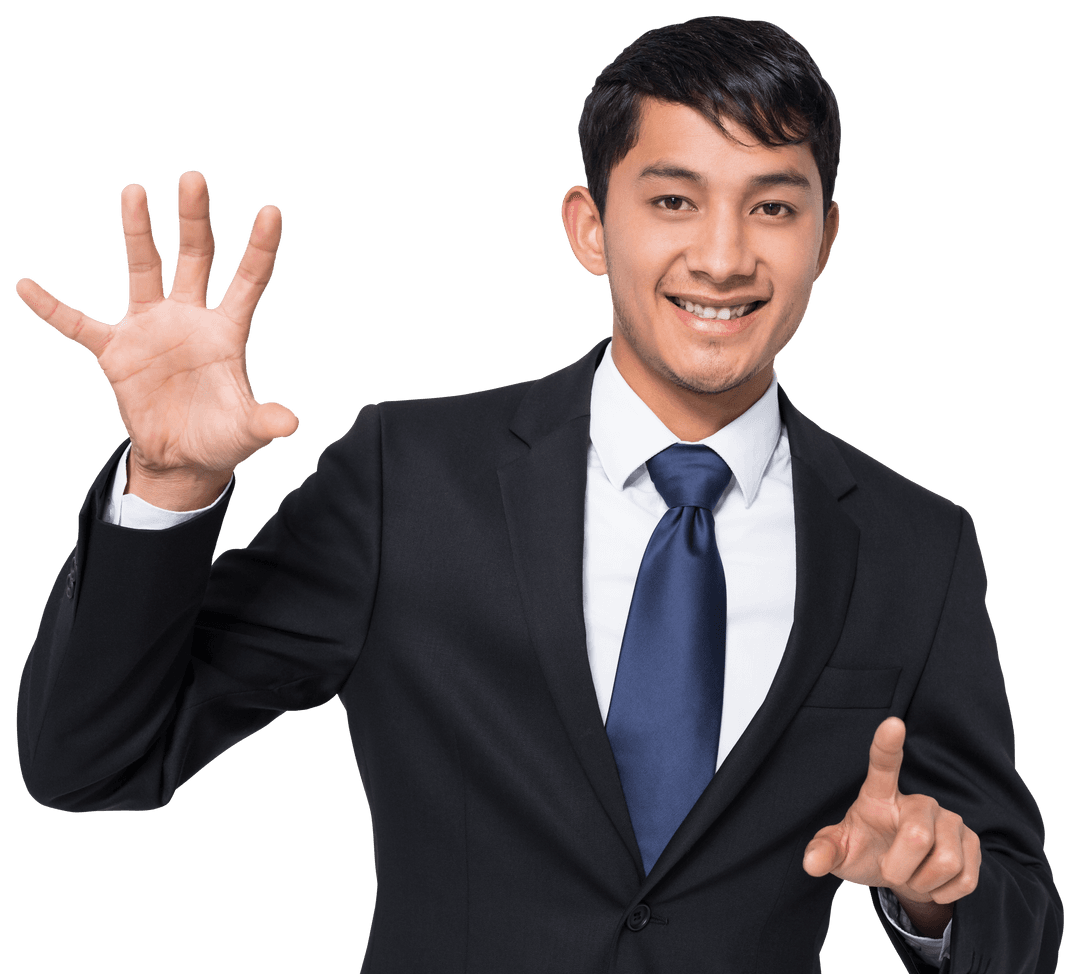 Smiling Asian Businessman Gesturing on Transparent Background