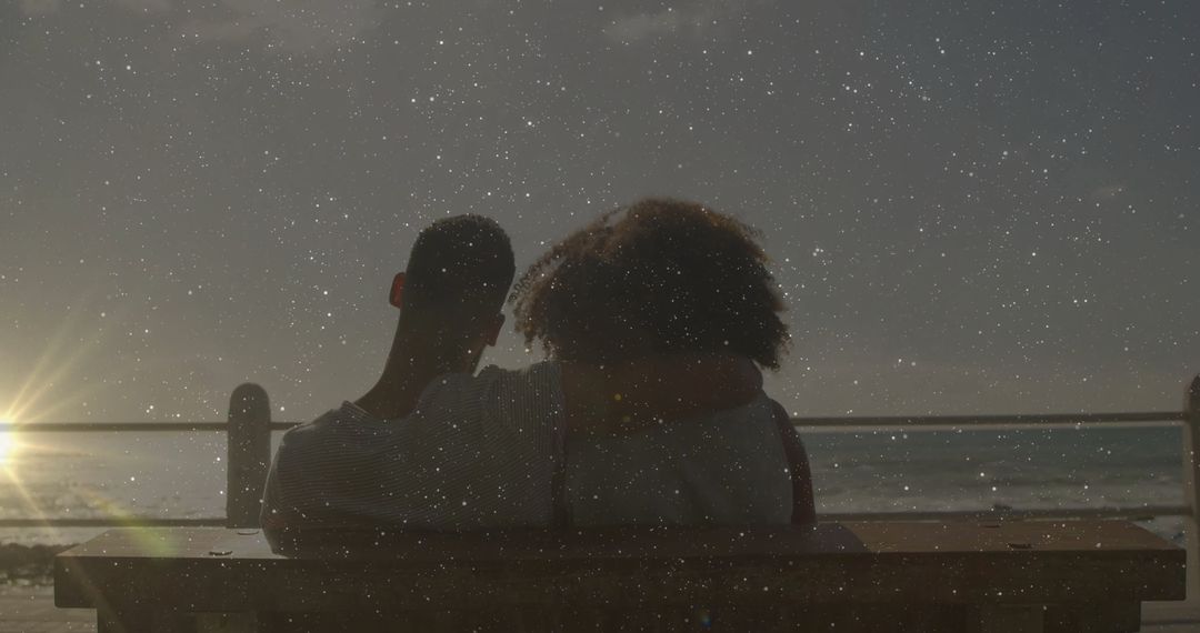 Romantic Couple Embracing on Beach Bench at Starlit Dusk