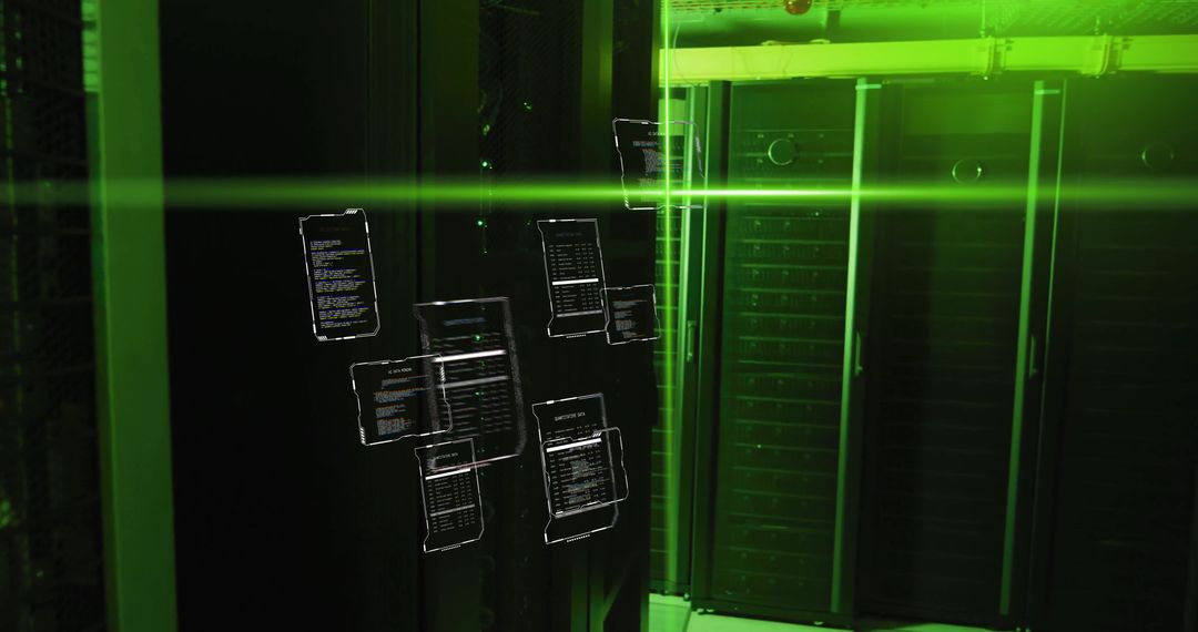 Digital Data Management with Futuristic Green Hue in Server Room