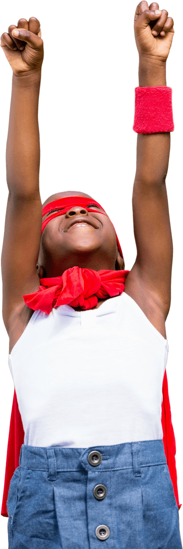 Smiling Girl Wearing Red Cape with Raised Arm Transparent Background