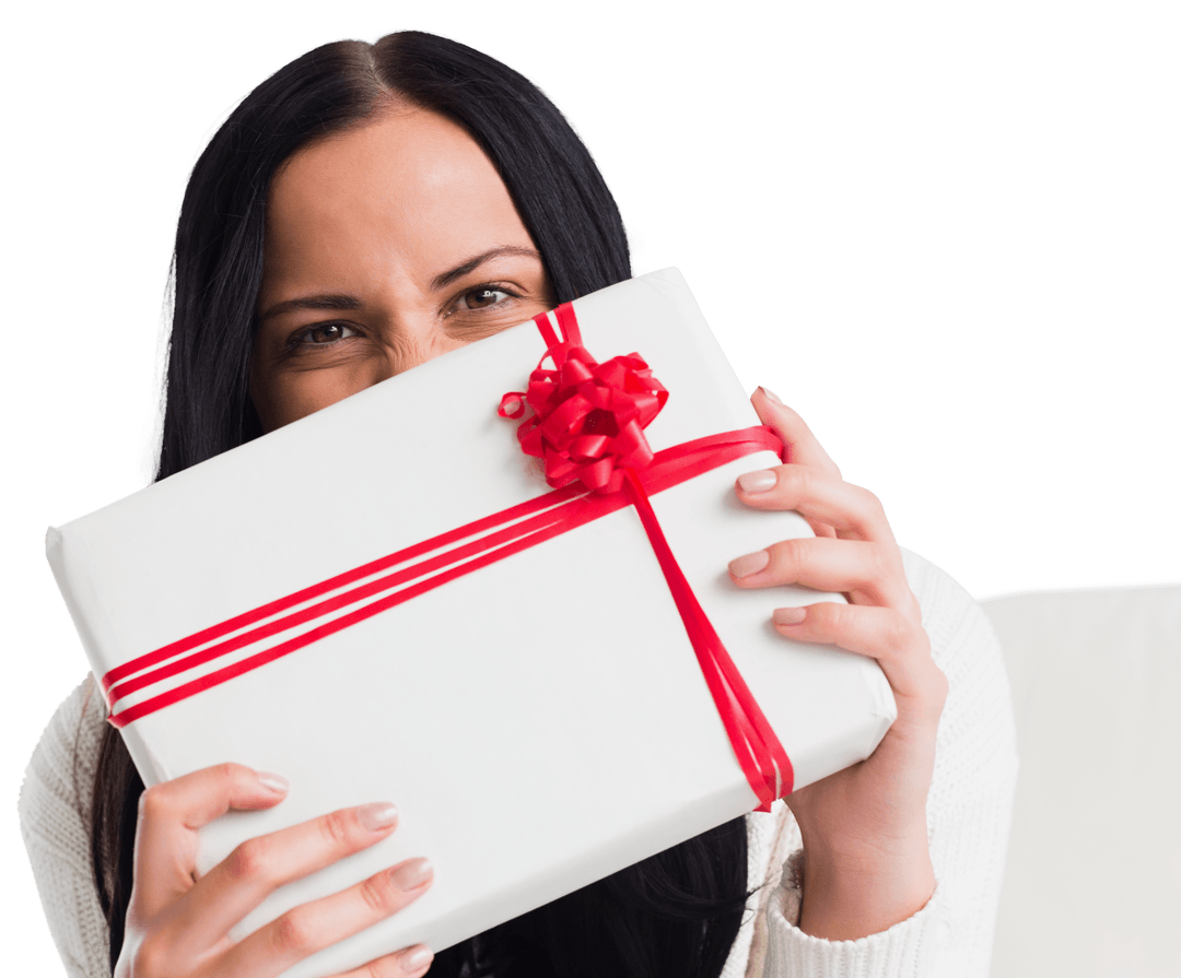 Smiling Woman Holding Large Wrapped Gift with Red Ribbon Transparent Background