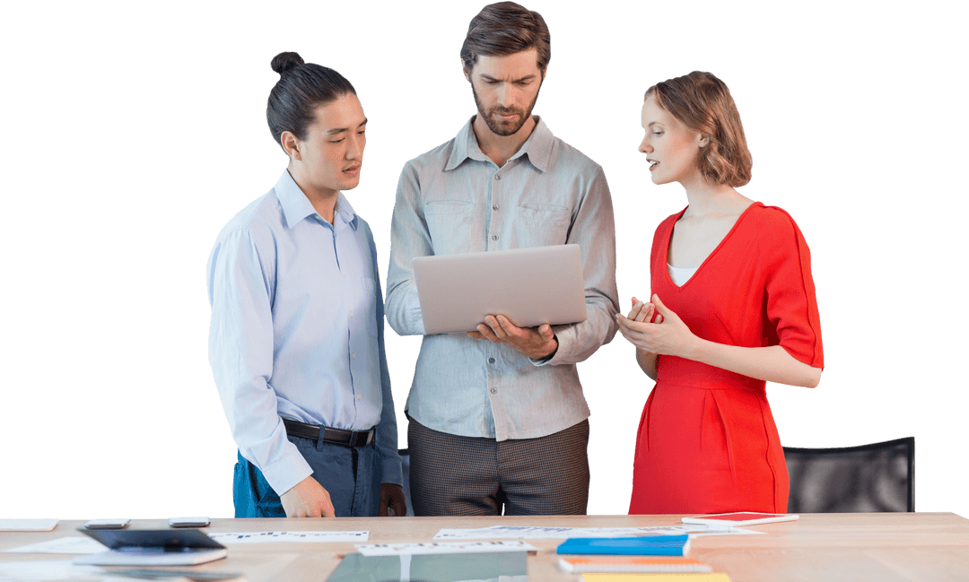 Transparent Collaborating Team Discussing Over Laptop