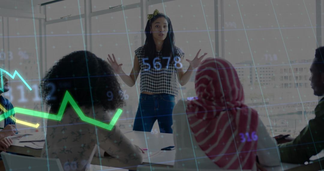 Team Lead Presenting in Conference Room Overlayed with Data Analytics Charts