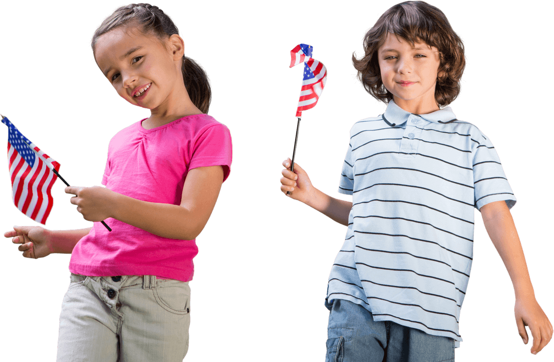 Children Celebrating Patriotism with American Flags on Transparent Background