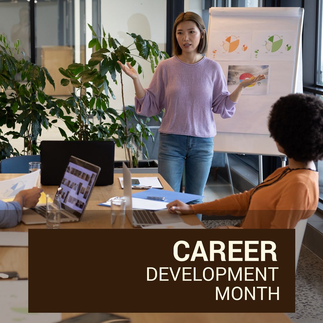 Image of career development month over asian woman making presentation in office - Download Free Stock Templates Pikwizard.com