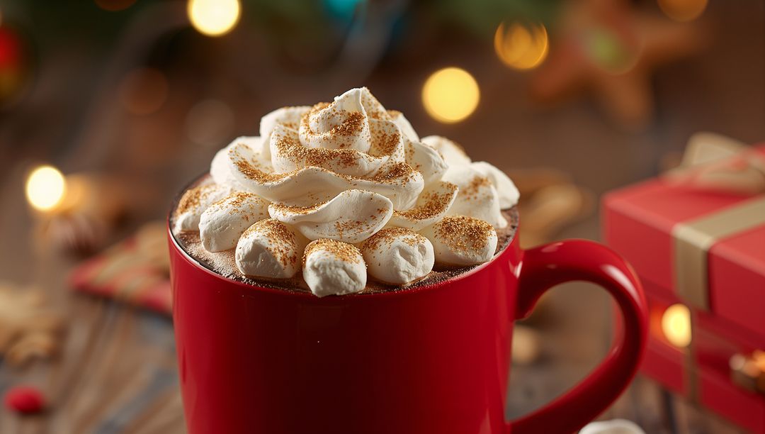 Festive Hot Chocolate in Red Mug with Whipped Cream and Marshmallows