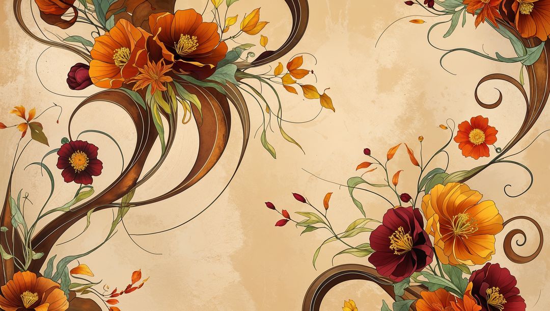 Intricate Botanical Illustration with Swirling Floral Designs