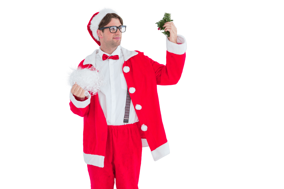Hipster Santa Holding Mistletoe on Transparent Background
