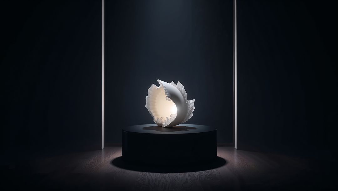 Glowing Alabaster Shell Sculpture on Black Pedestal in Dark Gallery with Ruffled Petals