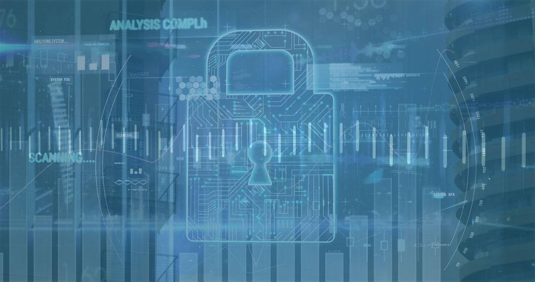 Digital Security Lock Icon with Futuristic Data Analytics Interface