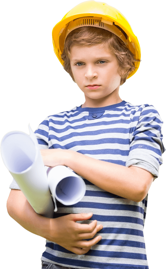 Thoughtful Boy Wearing Yellow Hard Hat Holding Blueprints on Transparent Background