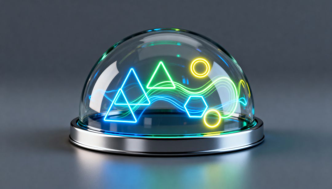 Futuristic Glass Dome Projecting Neon Geometric Shapes on Chrome Base with Colored Glow