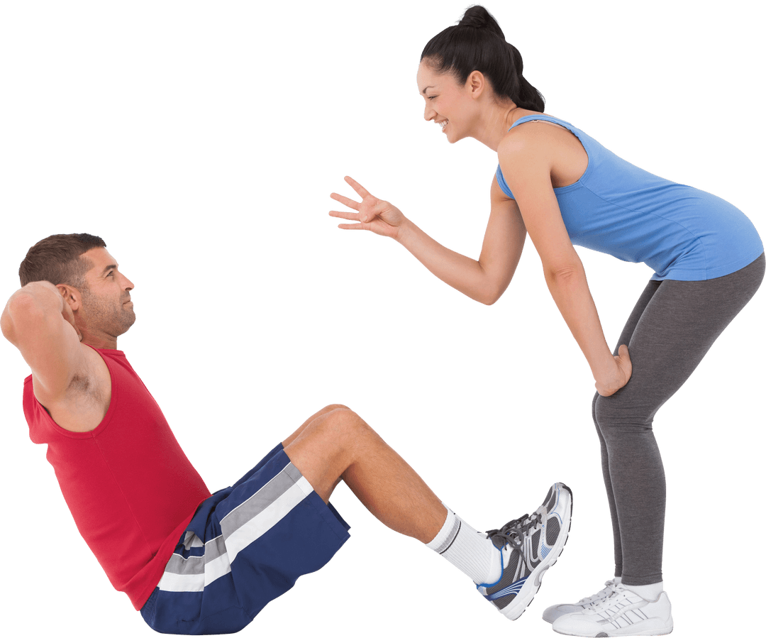 Transparent Trainer Counting Man's Sit Ups in Workout Session