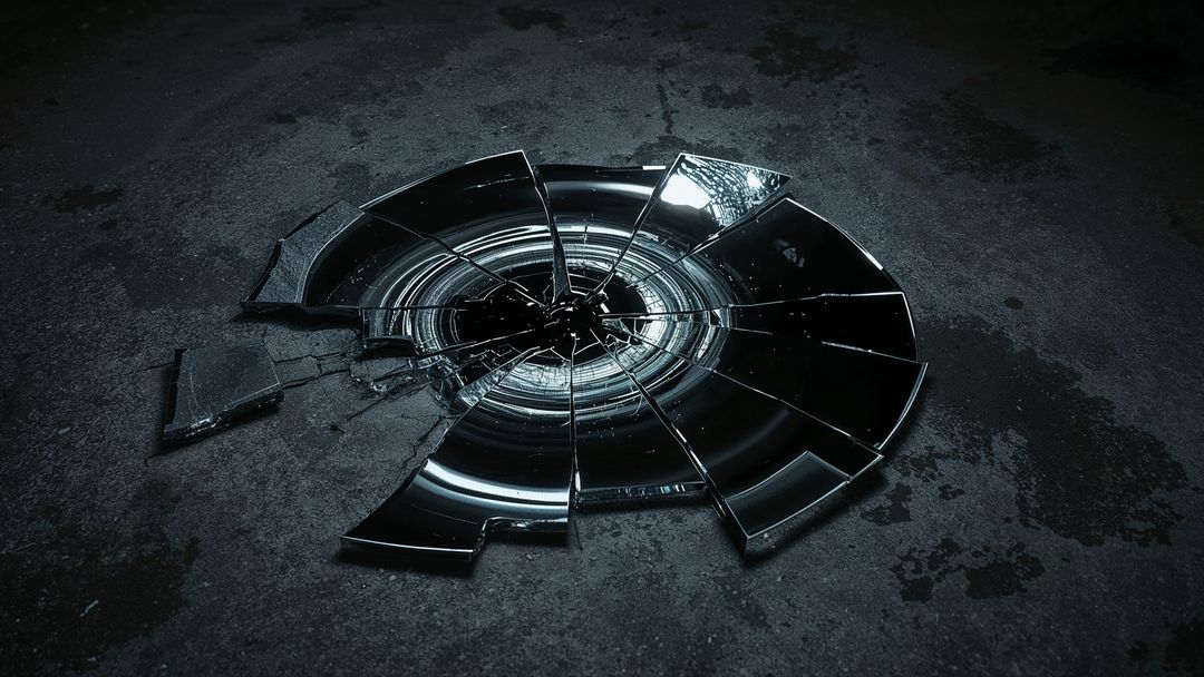 Shattered Circular Glass on Concrete Surface in Dim Light