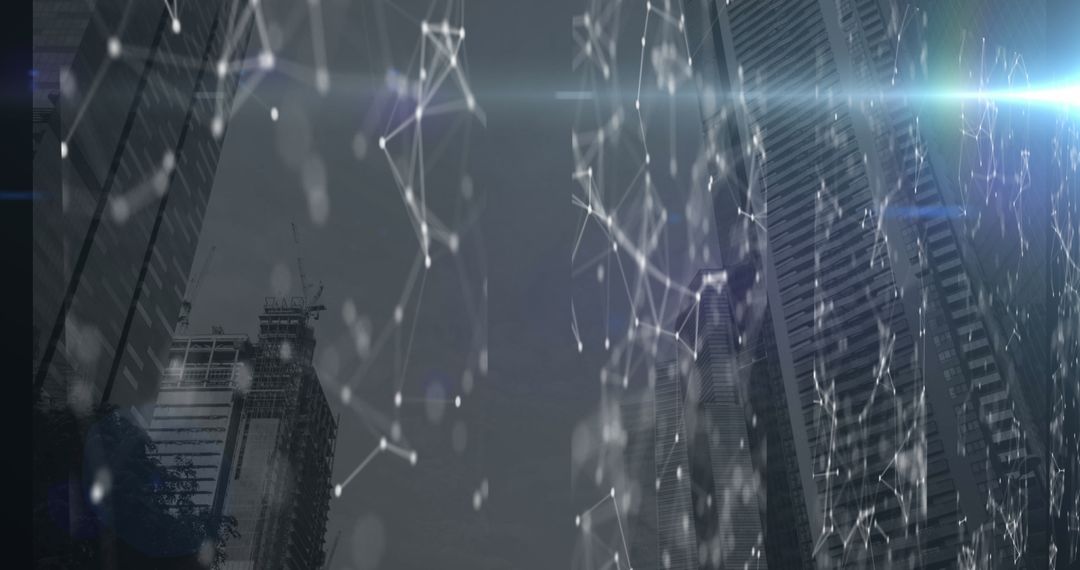 Digital Network Overlay on Futuristic Cityscape Illustrating Data Transfer