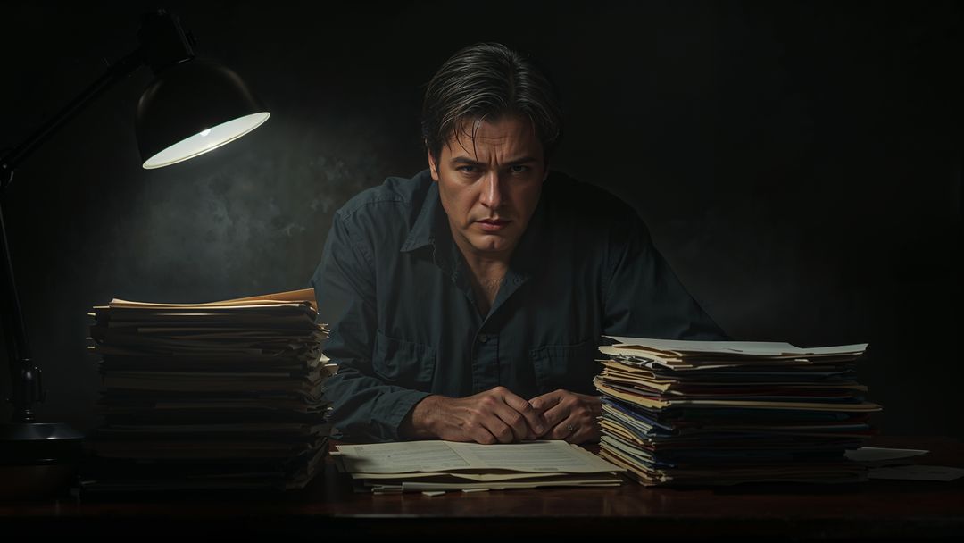 Focused asian prosecutor man thoroughly reviewing documents at office desk