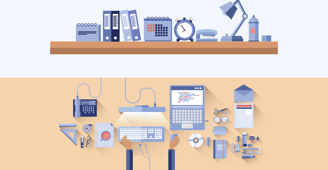 transparent office desk layout with computer and stationery - Download Free Stock Images Pikwizard.com