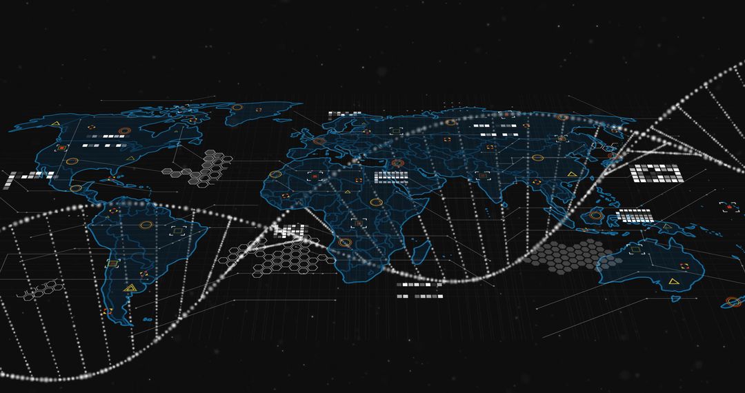 DNA Strand Overlaying Digital World Map with Data Networks