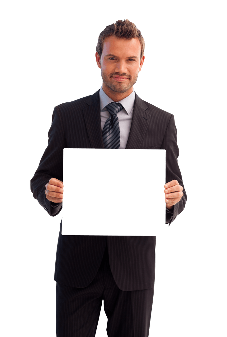Confident Businessman Presenting Blank Transparent Sign
