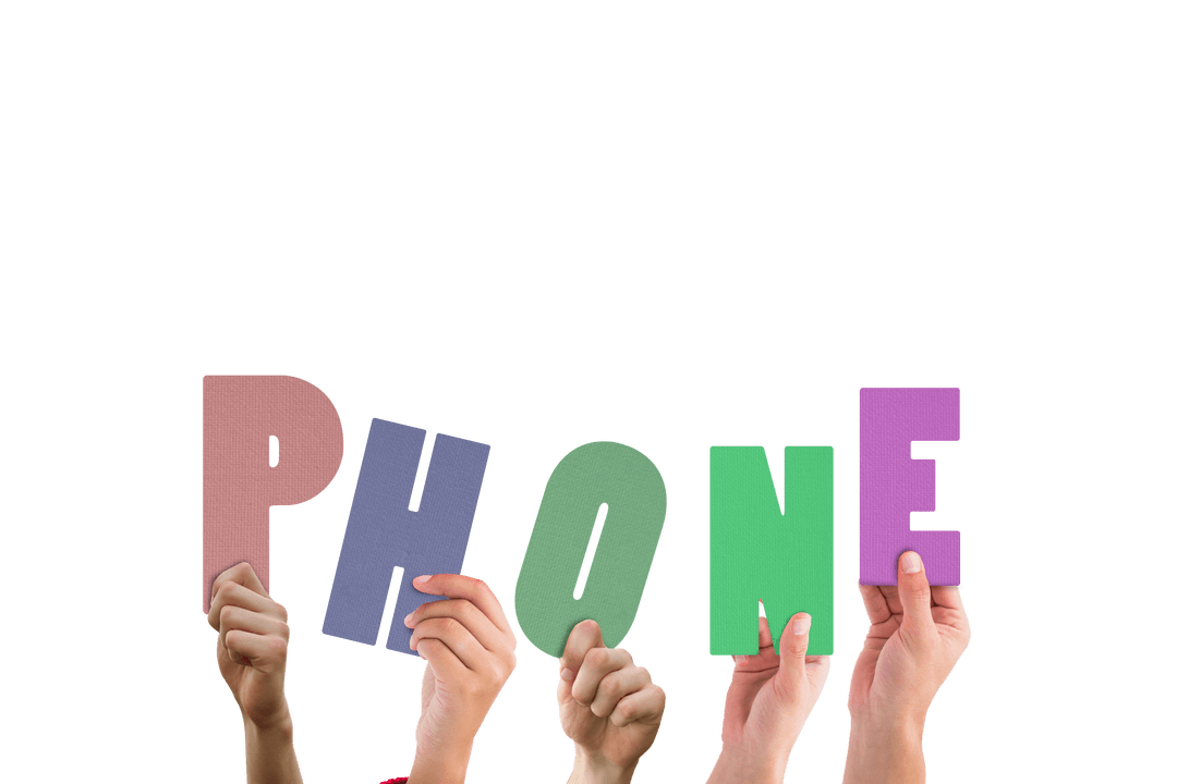 Diverse Hands Holding Letters 'PHONE' Transparent Background