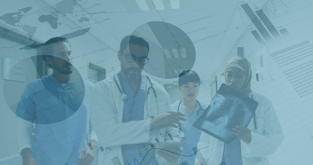 Doctors Analyzing X-ray Overlaid With Financial Graphs