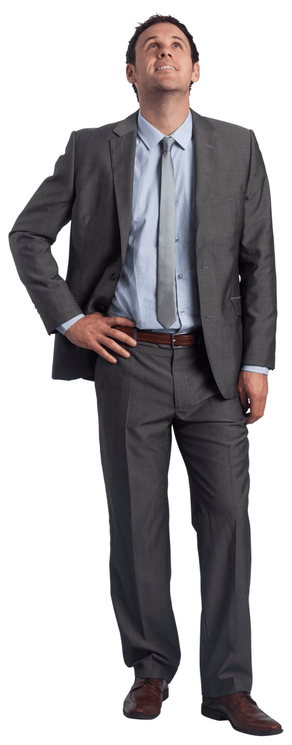 Smiling Transparent Businessman Gazing Upwards in Grey Suit