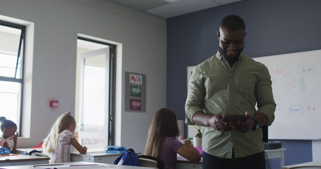 Enthusiastic Teacher Engages with Students in Classroom Setting