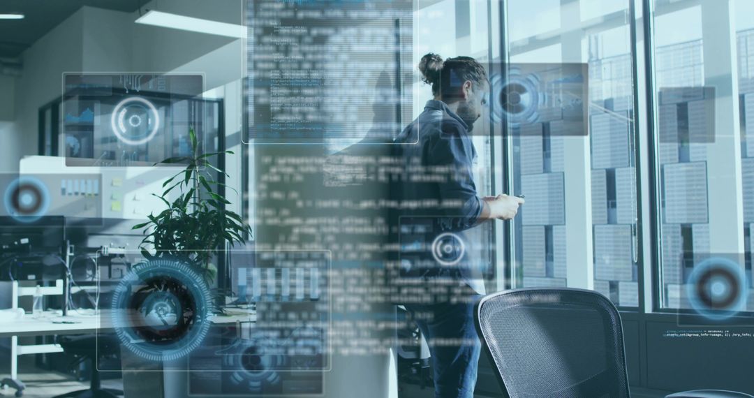 Tech-Savvy Professional Analyzing Data on Futuristic Interface