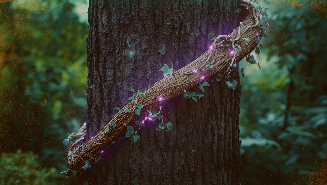 Enchanted Tree with Twinkling Vine Lights in Mysterious Forest