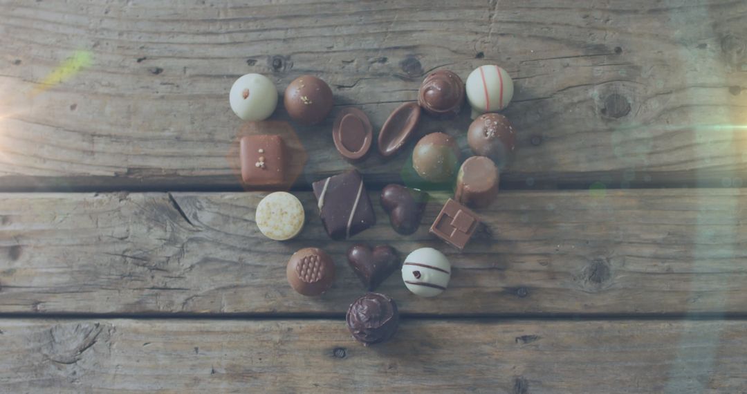 Assorted Chocolates Arranged in Heart Shape on Rustic Table