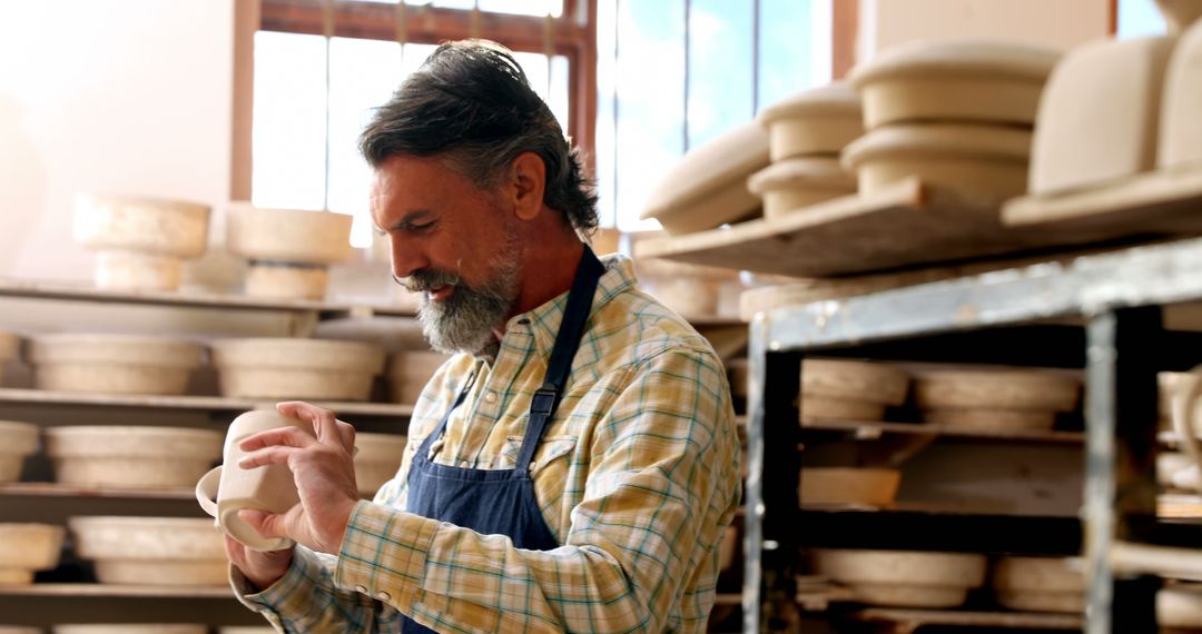 Middle-aged man in apron examining pottery in workshop - Free Images, Stock Photos and Pictures on Pikwizard.com