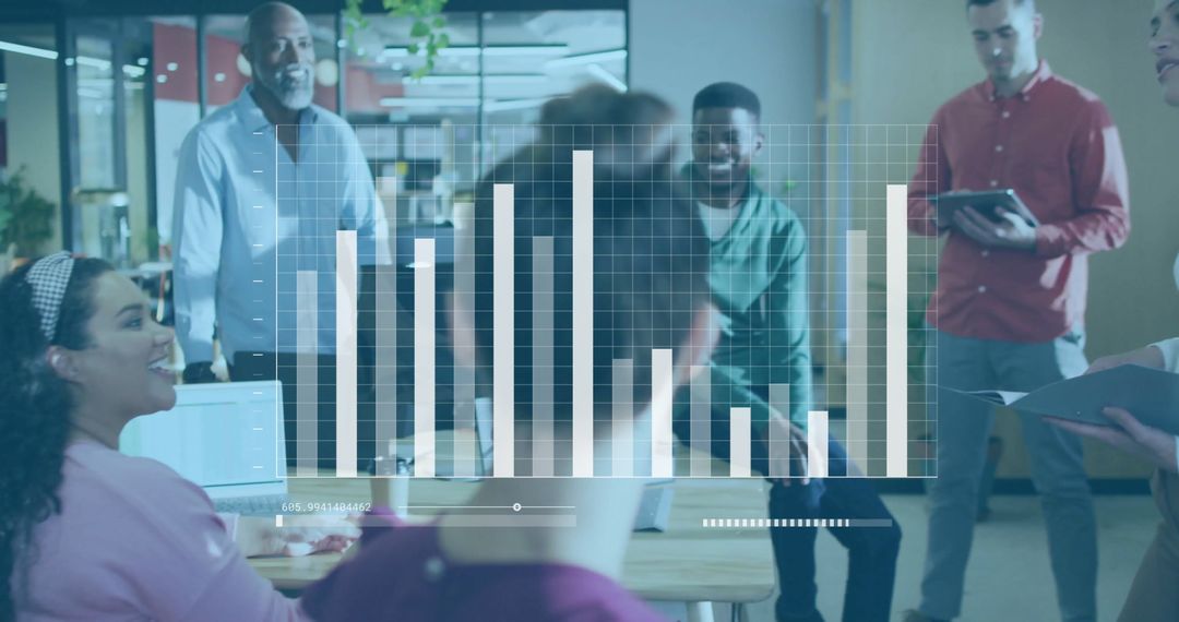 Colleagues Collaborating with Interactive Data Visuals in Modern Office