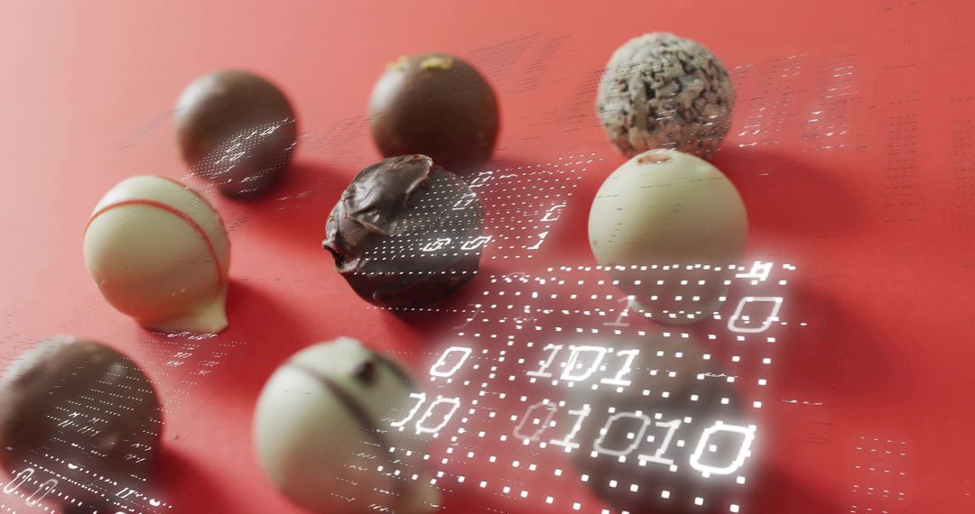 Assorted Chocolate Truffles on Red Background Featuring Digital Binary Grid Overlay