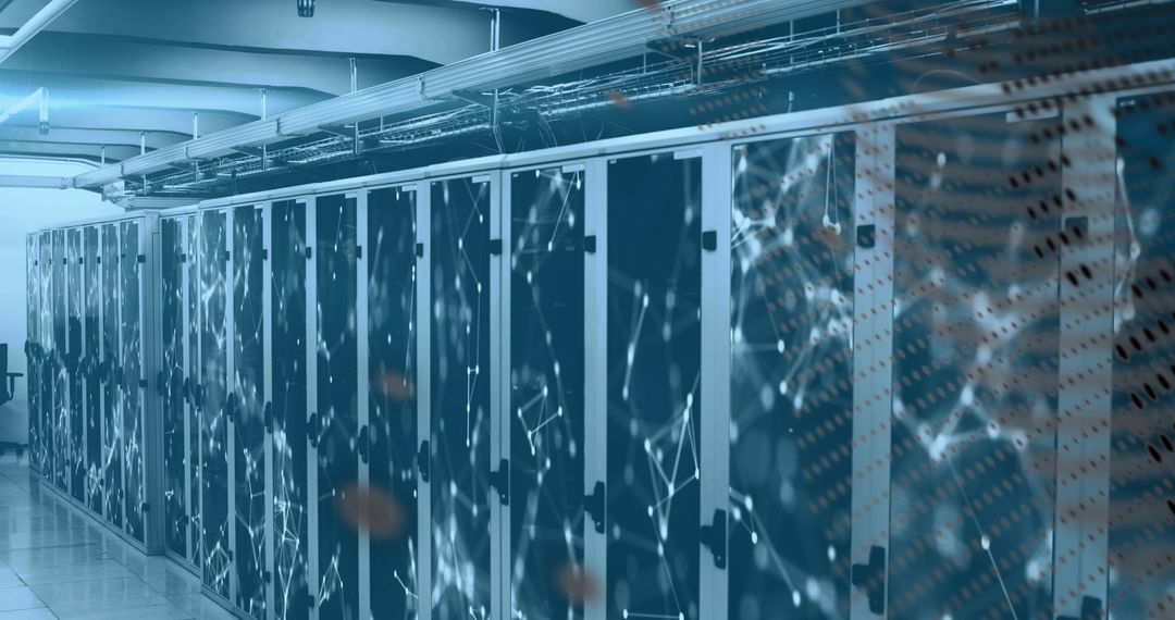 Server Room with Digital Data Visualization Technology Overlay