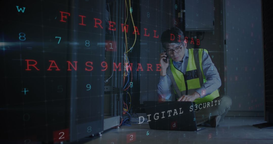 Cybersecurity Specialist Working in Server Room with Digital Display