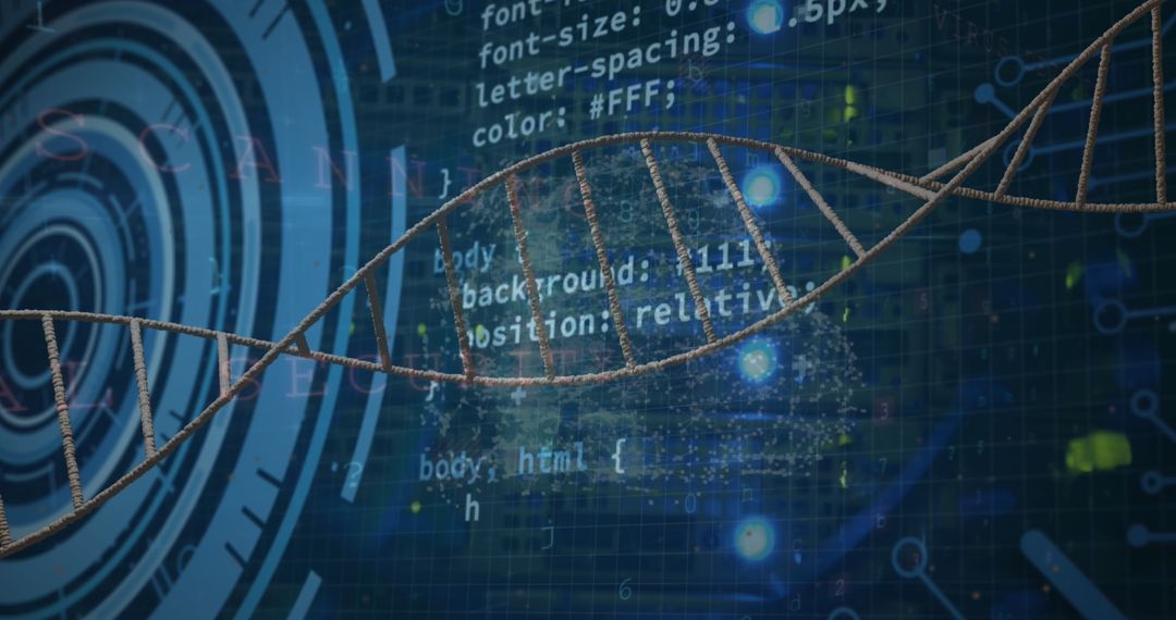 3D DNA Strands with CSS Code and Digital Interface Background